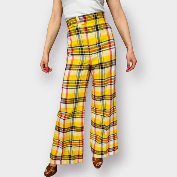 70s Yellow Plaid Bell‎ Bottoms - Picture 2 of 11